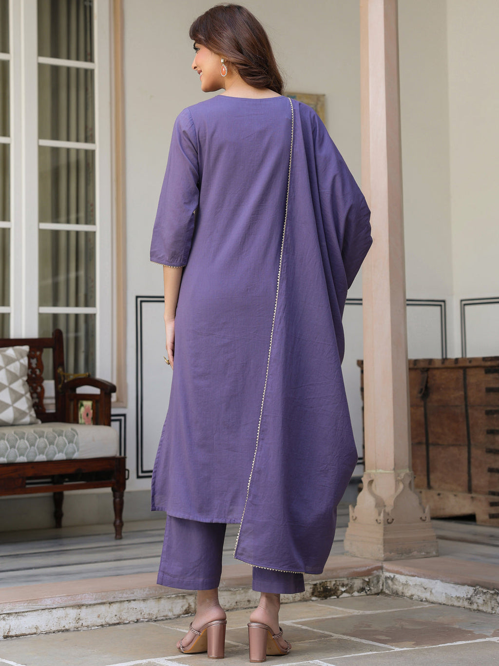 Janasya Dark Cotton Embroidered A-Line Kurta Set