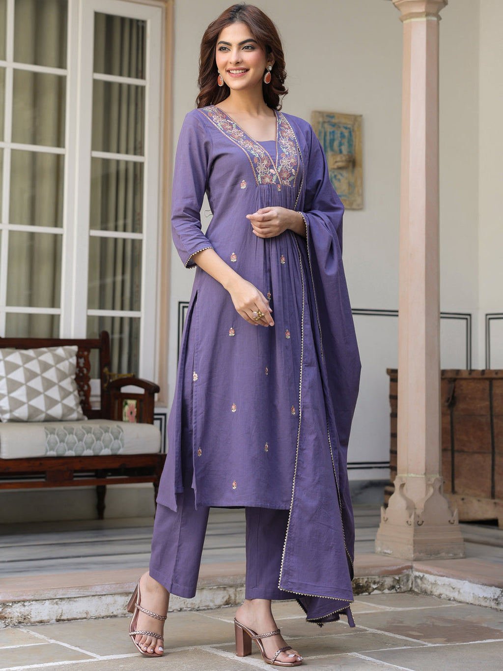 Janasya Dark Cotton Embroidered A-Line Kurta Set