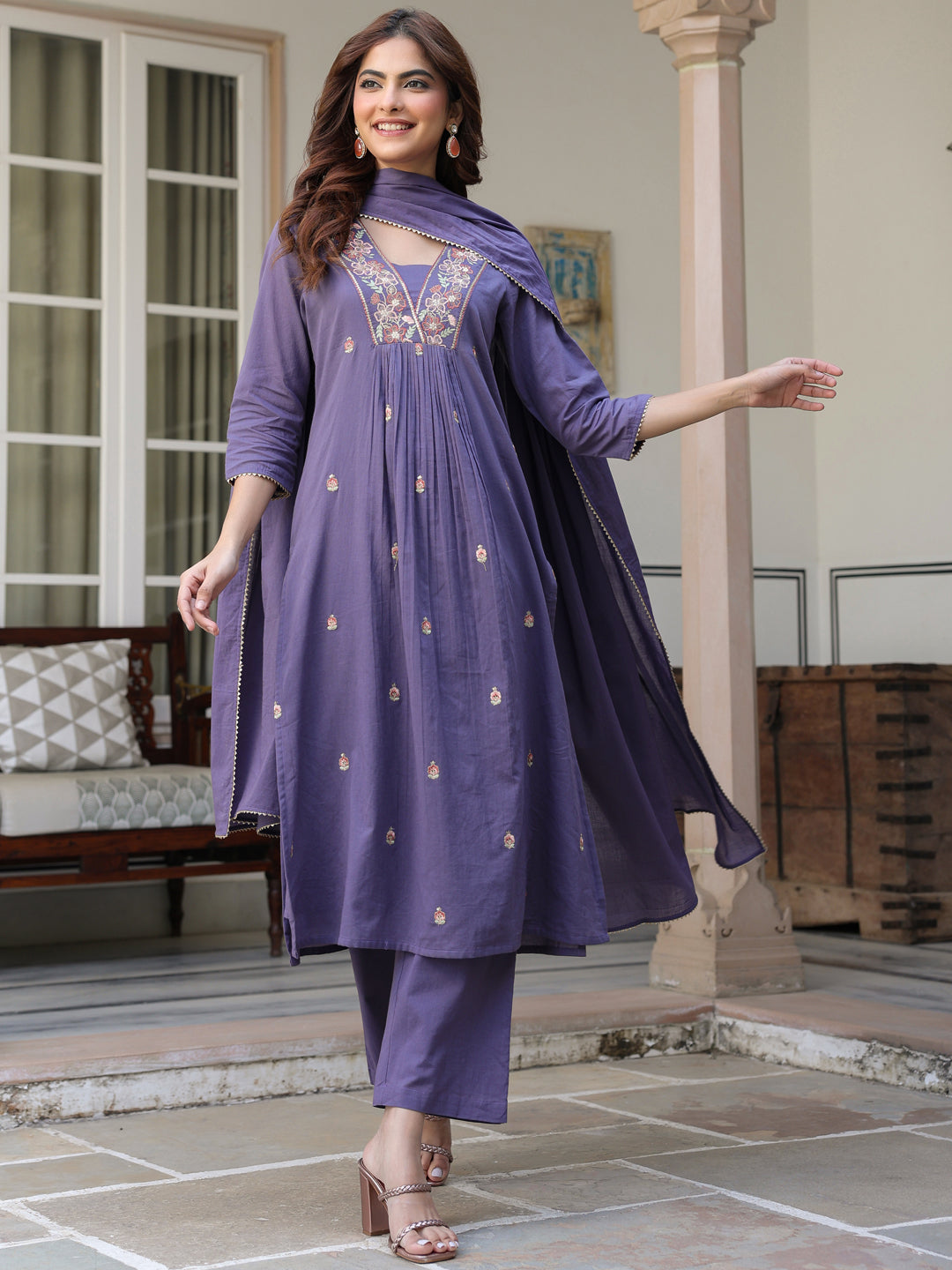 Janasya Dark Cotton Embroidered A-Line Kurta Set