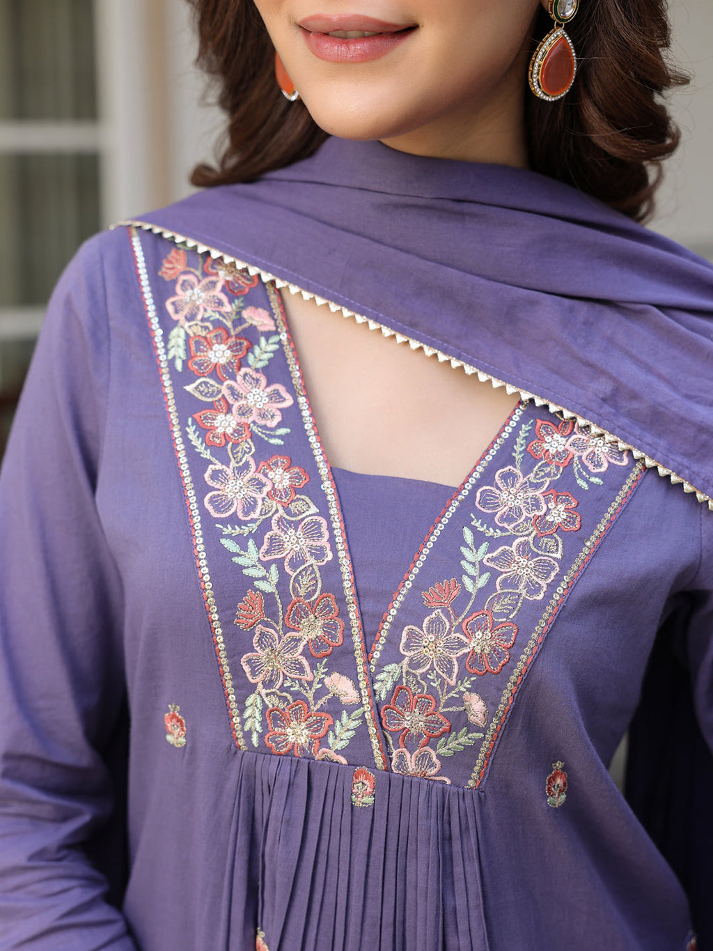 Janasya Dark Cotton Embroidered A-Line Kurta Set