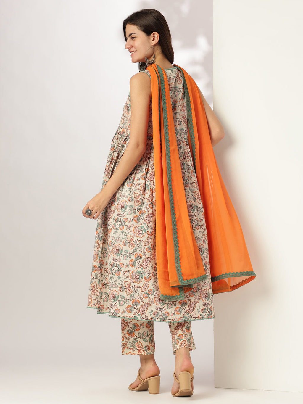 Janasya Light Cotton Floral A-Line Kurta Set