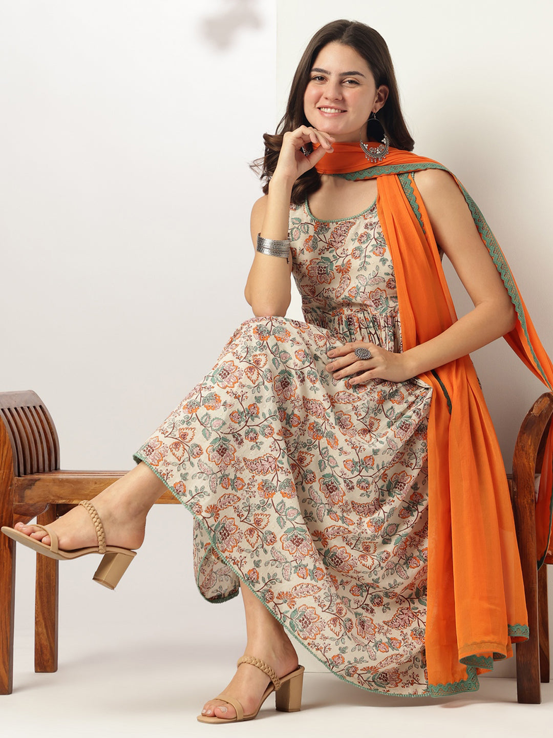 Janasya Light Cotton Floral A-Line Kurta Set
