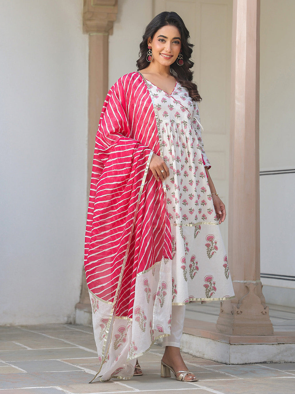 Janasya Light Cotton Floral Angrakha Kurta Set