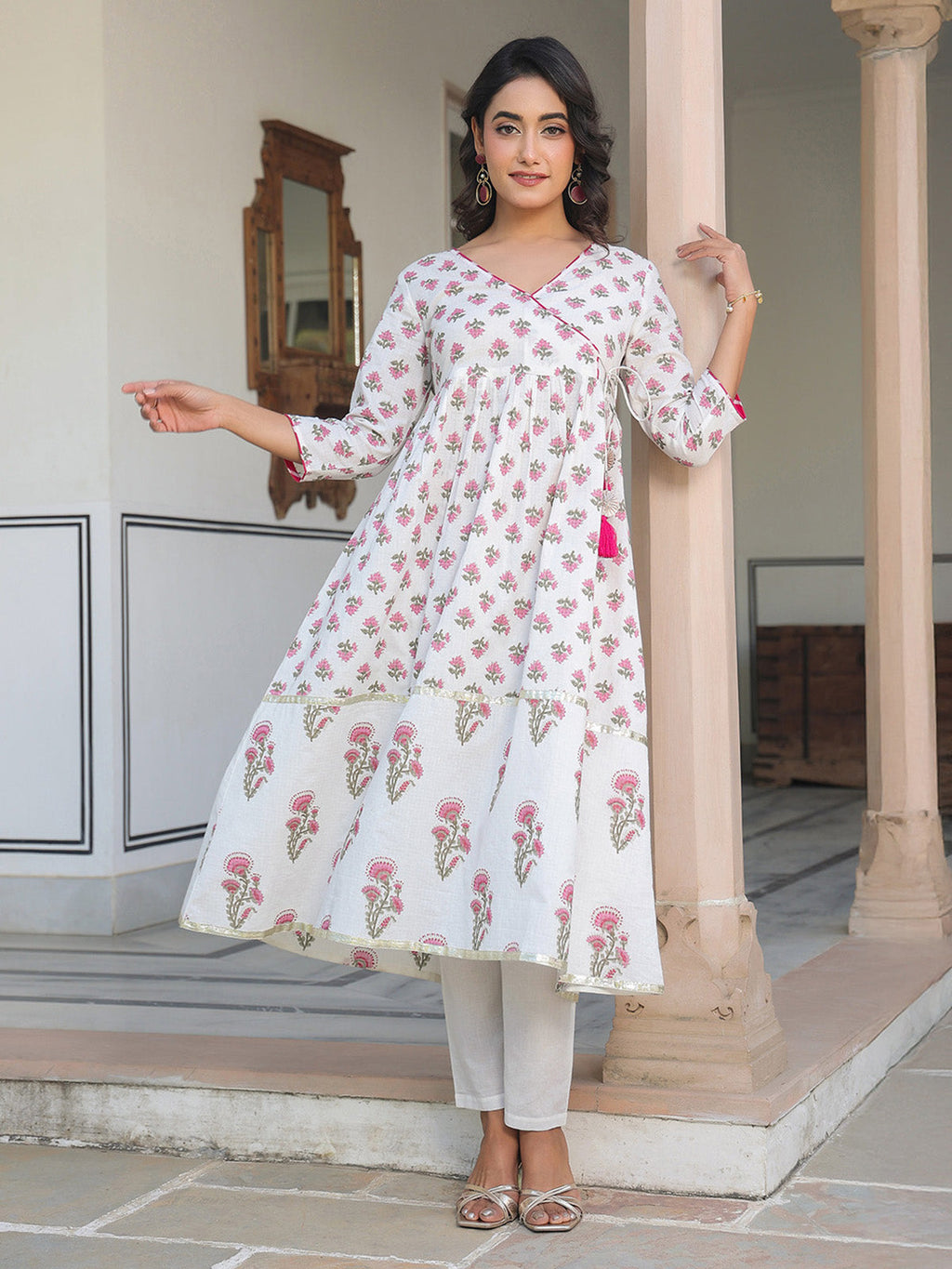 Janasya Light Cotton Floral Angrakha Kurta Set