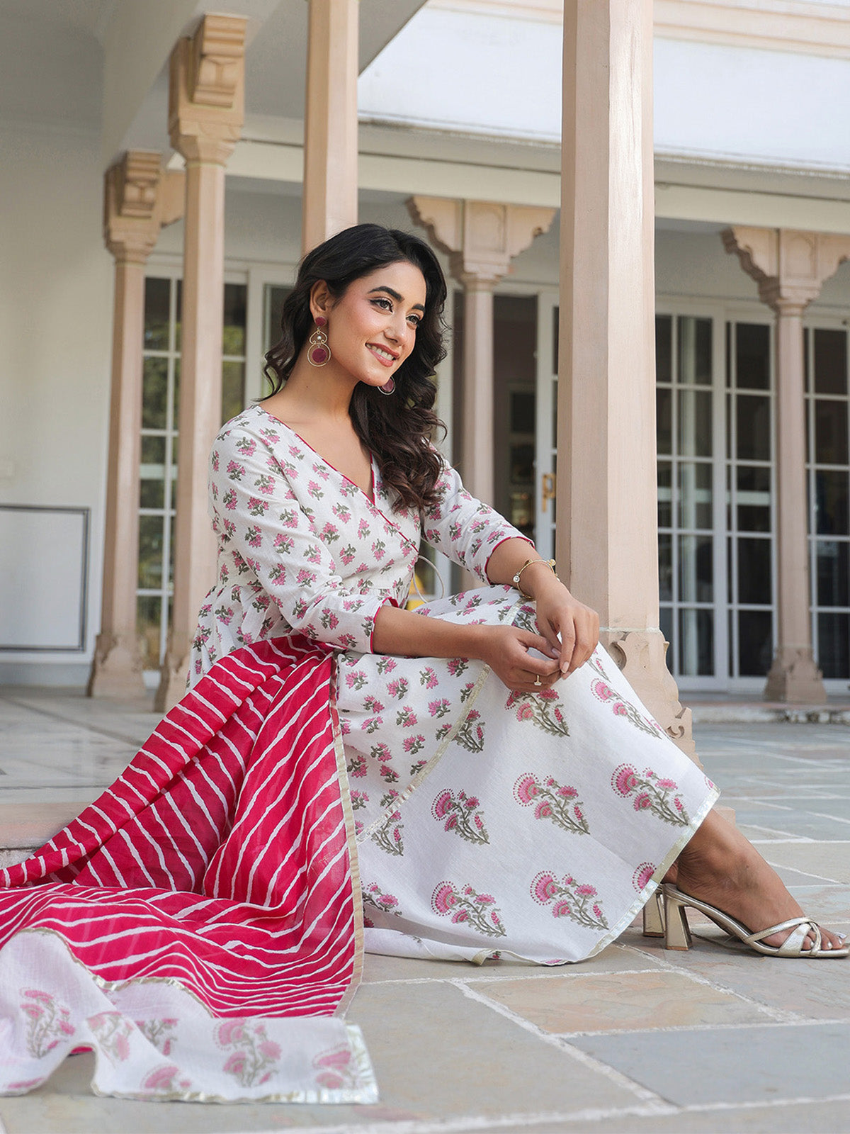Janasya Light Cotton Floral Angrakha Kurta Set