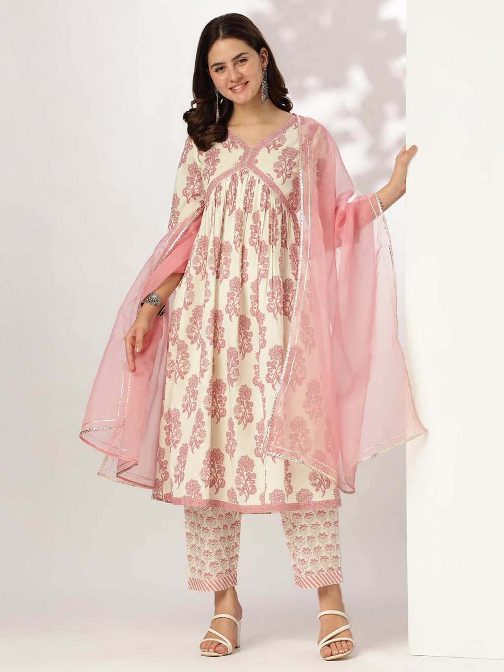 Janasya Light Cotton Floral A-Line Kurta Set