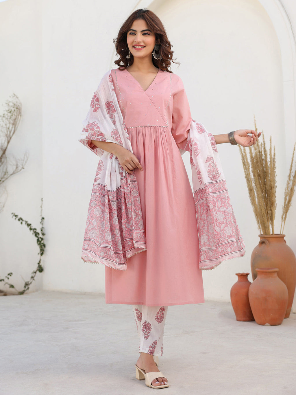 Janasya Light Cotton Embellished A-Line Kurta Set