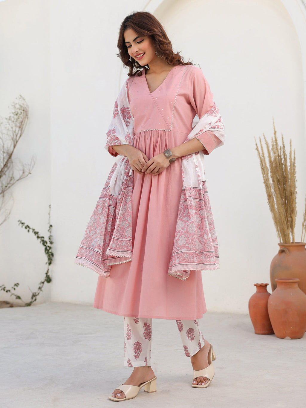Janasya Light Cotton Embellished A-Line Kurta Set
