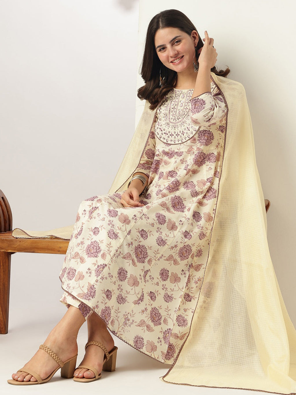 Janasya Light Cotton Floral Anarkali Kurta Set