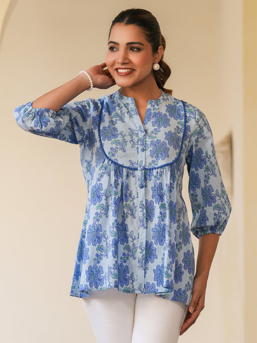 Janasya Light Cotton Floral A-Line Top