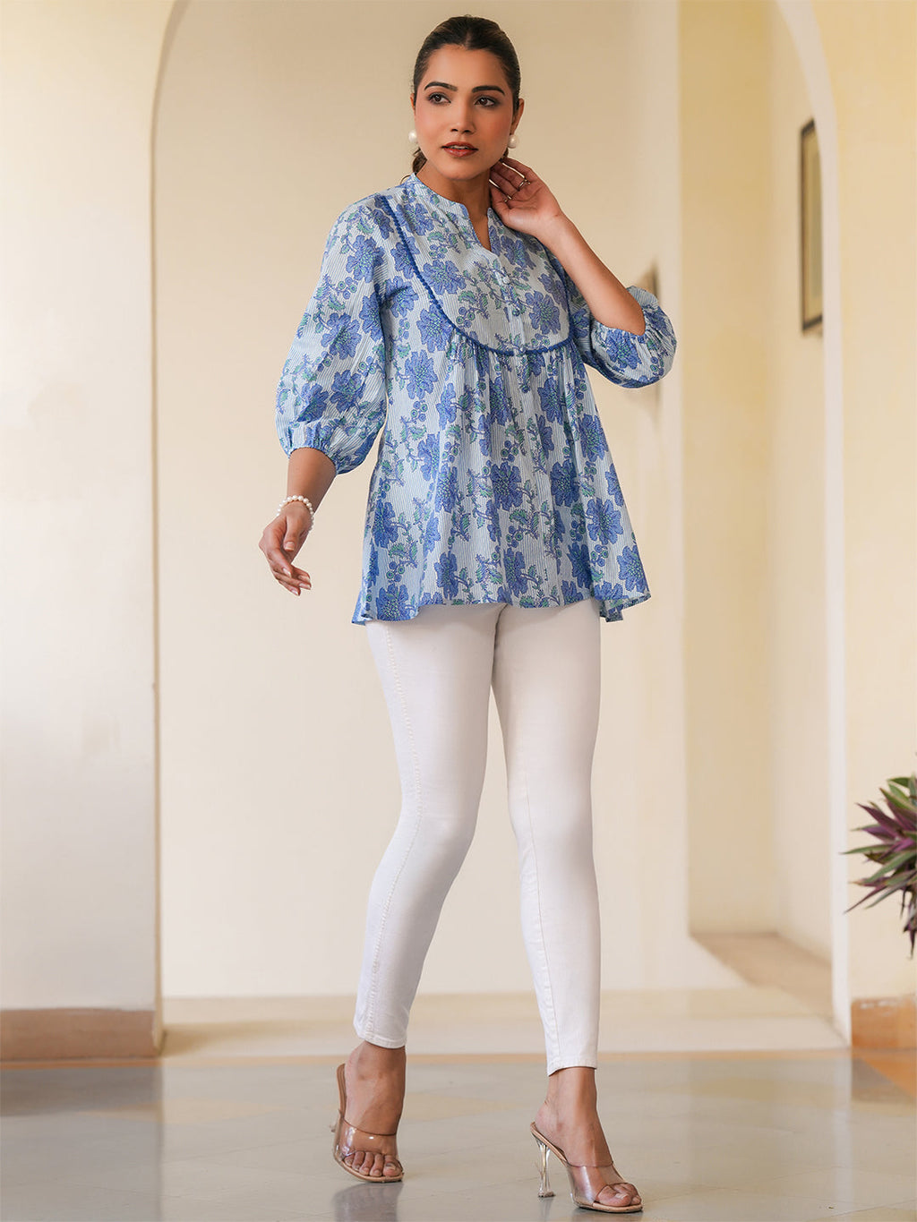Janasya Light Cotton Floral A-Line Top