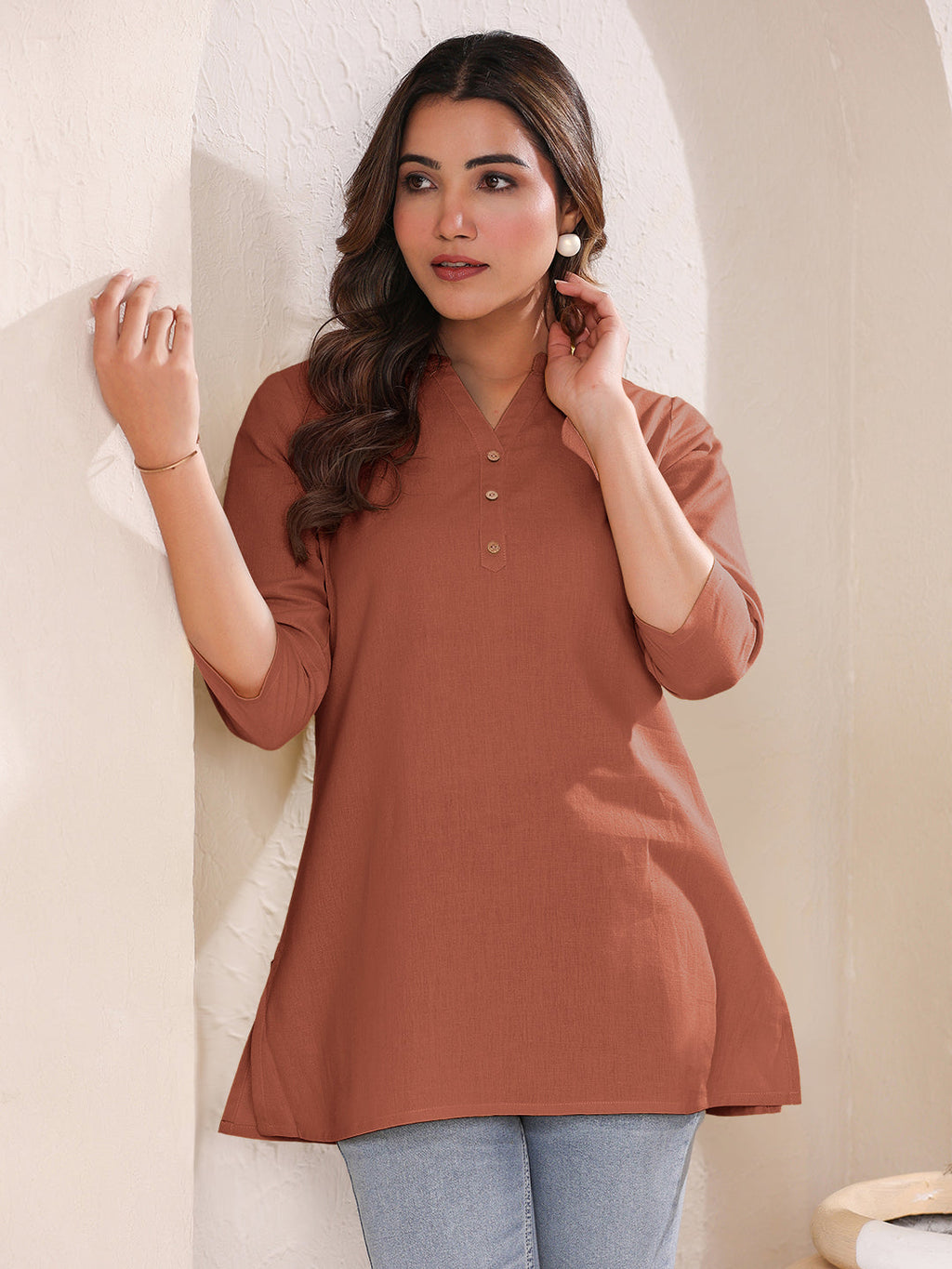 Janasya Dark Cotton Solid A-Line Top