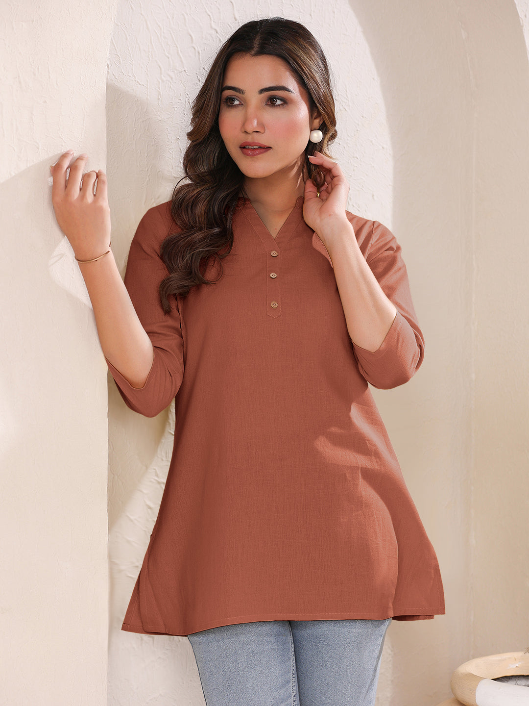 Janasya Dark Cotton Solid A-Line Top