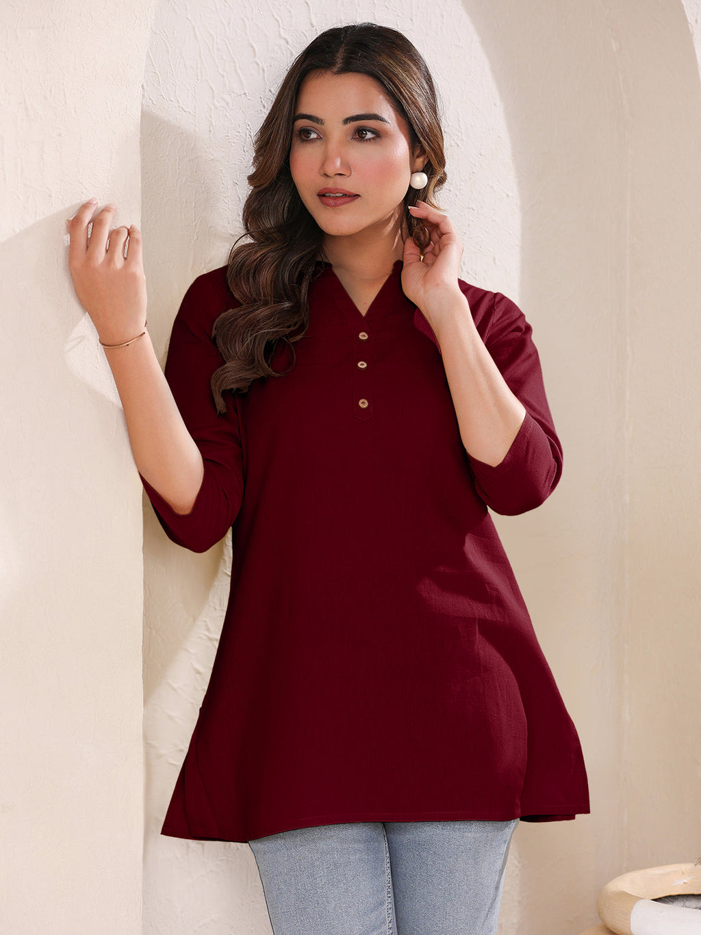 Janasya Dark Cotton Solid Straight TOP