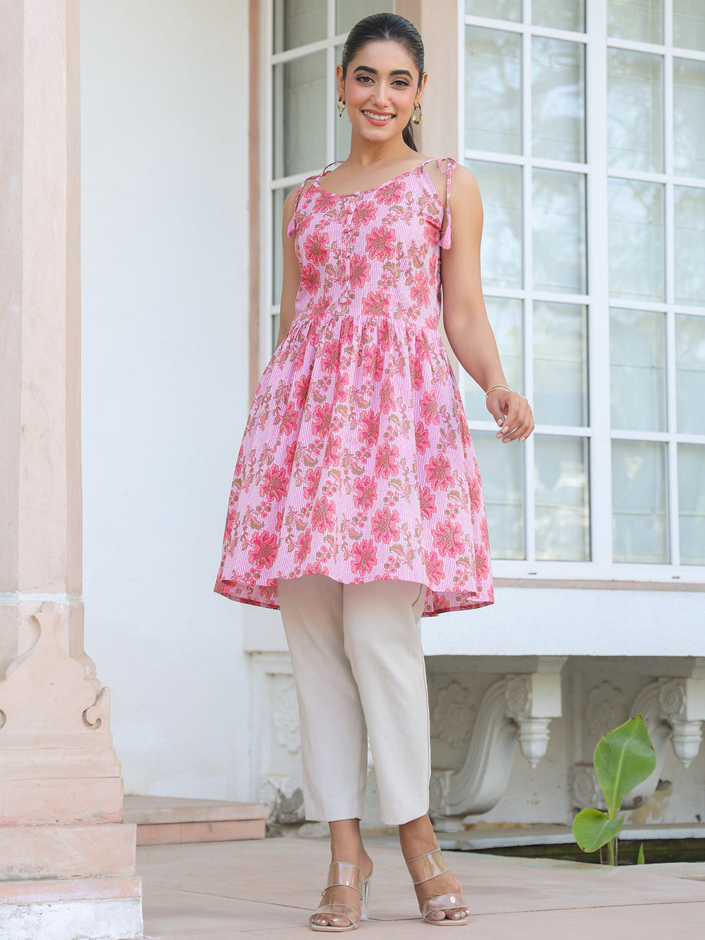 Janasya Bright Cotton Floral A-Line Tunic
