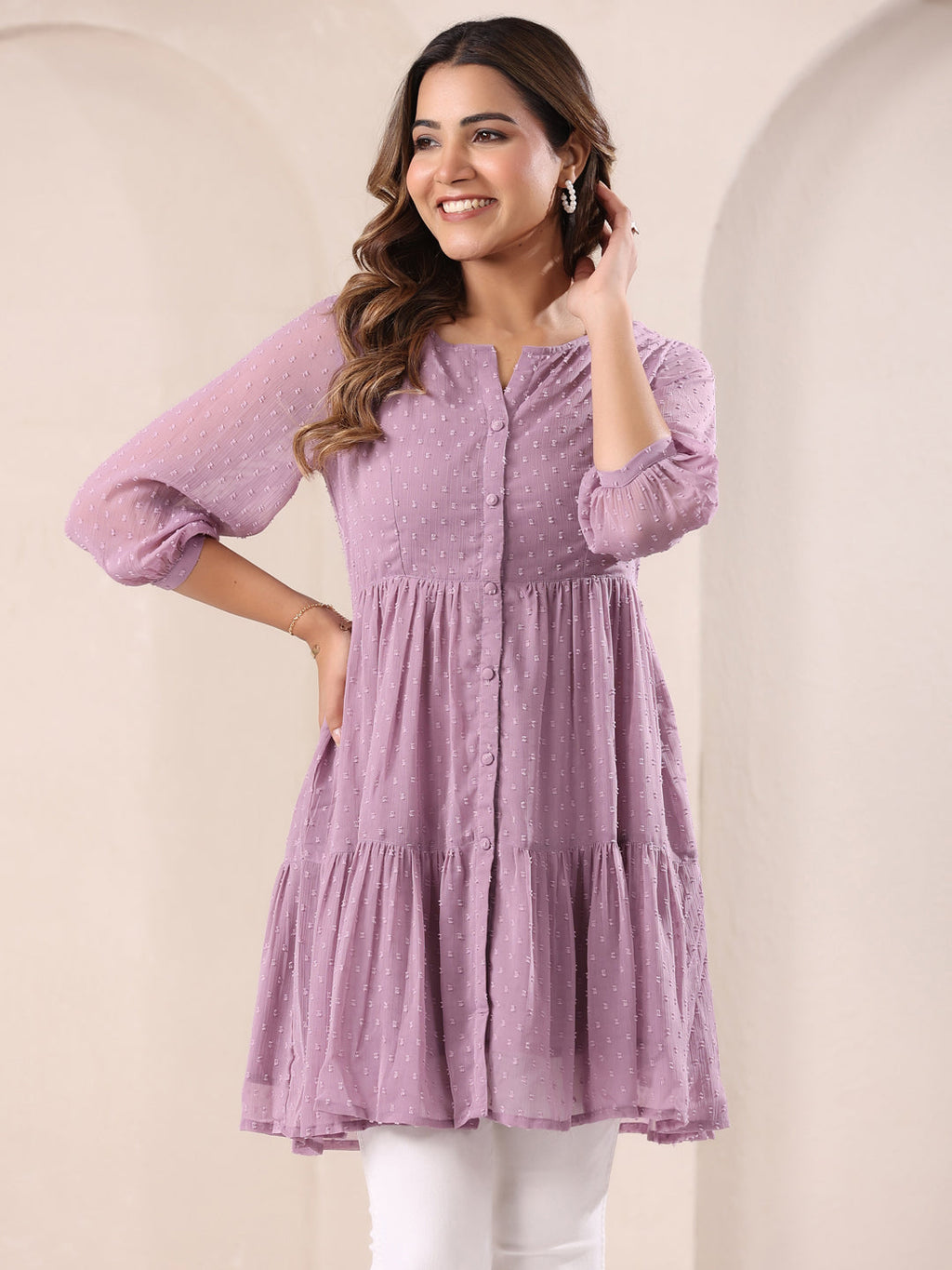 Janasya Dark Dobby Chiffon Self Design Tiered Tunic