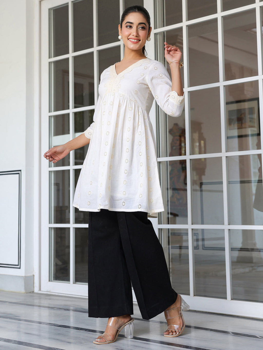 Janasya Light Cotton Schiffli A-Line Tunic