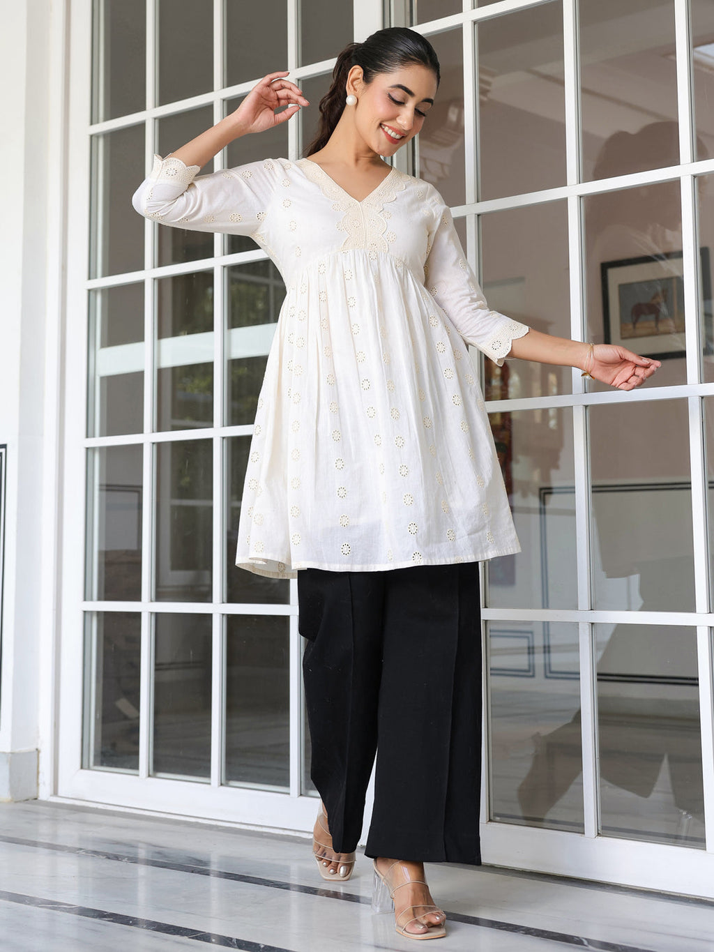 Janasya Light Cotton Schiffli A-Line Tunic