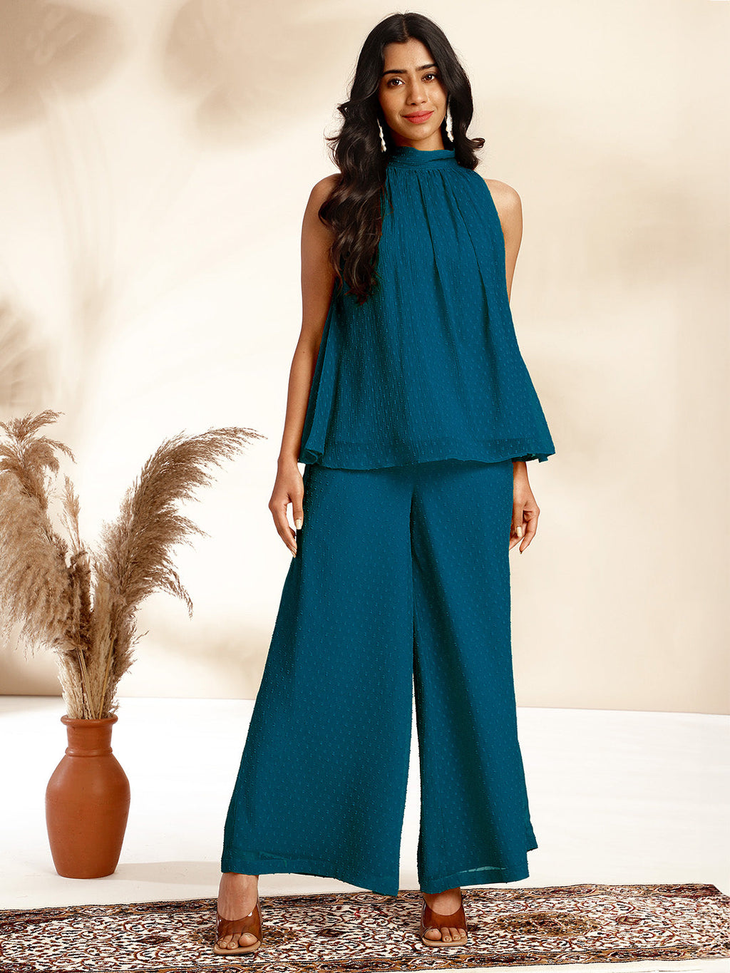 Janasya Dark Chiffon Self Design Gathered Top & Bottom Set