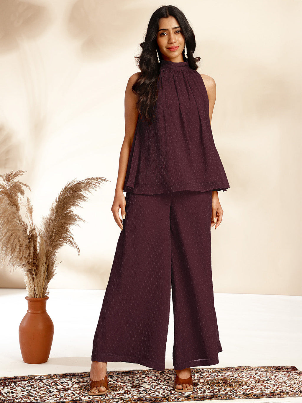 Janasya Dark Chiffon Self Design Gathered Top & Bottom Set