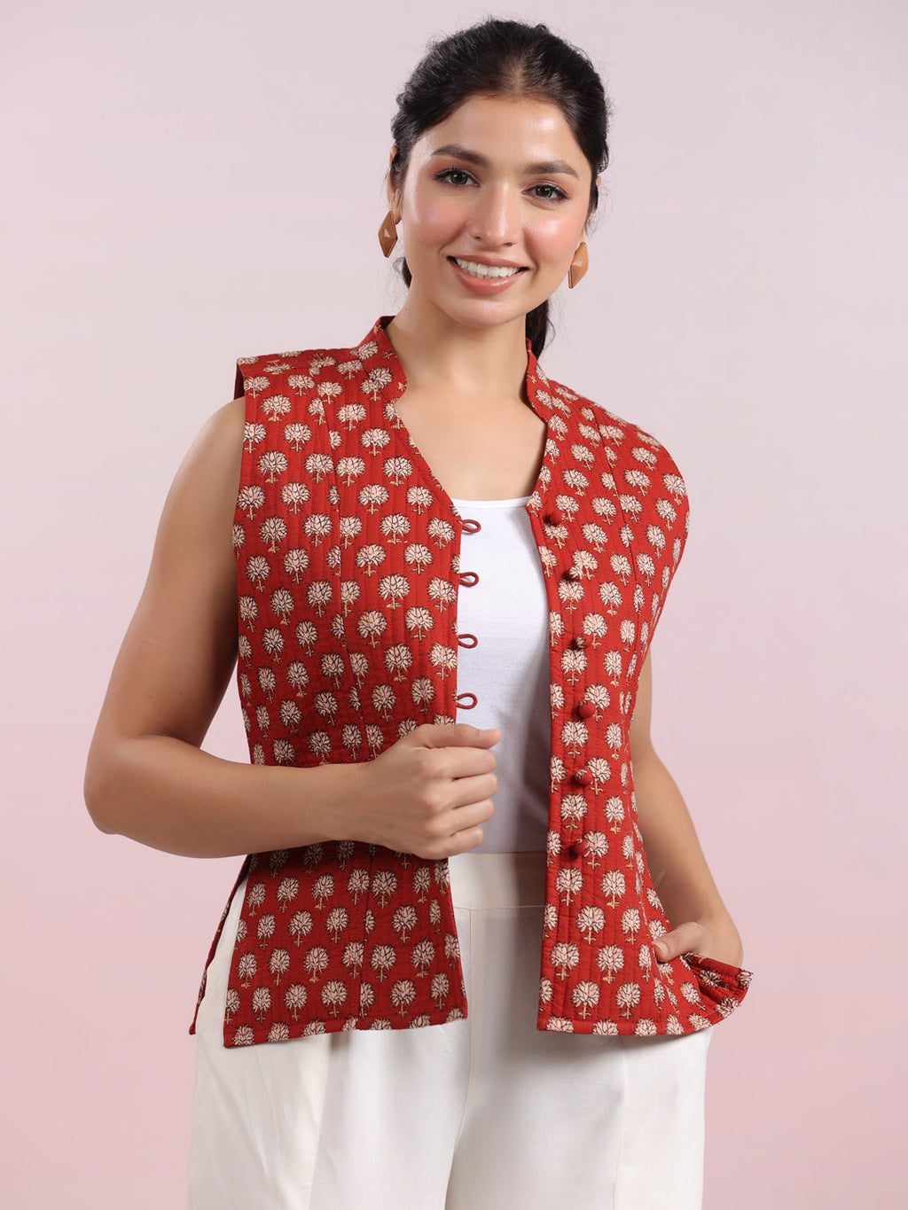 Janasya Straight Cambric Maroon Jacket