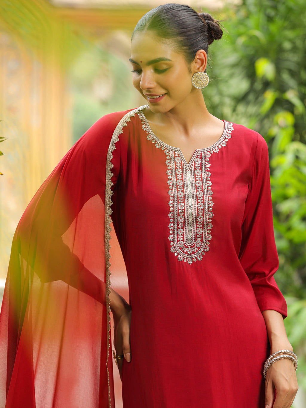 Janasya Dark Chanderi Embroidered Straight Kurta Set