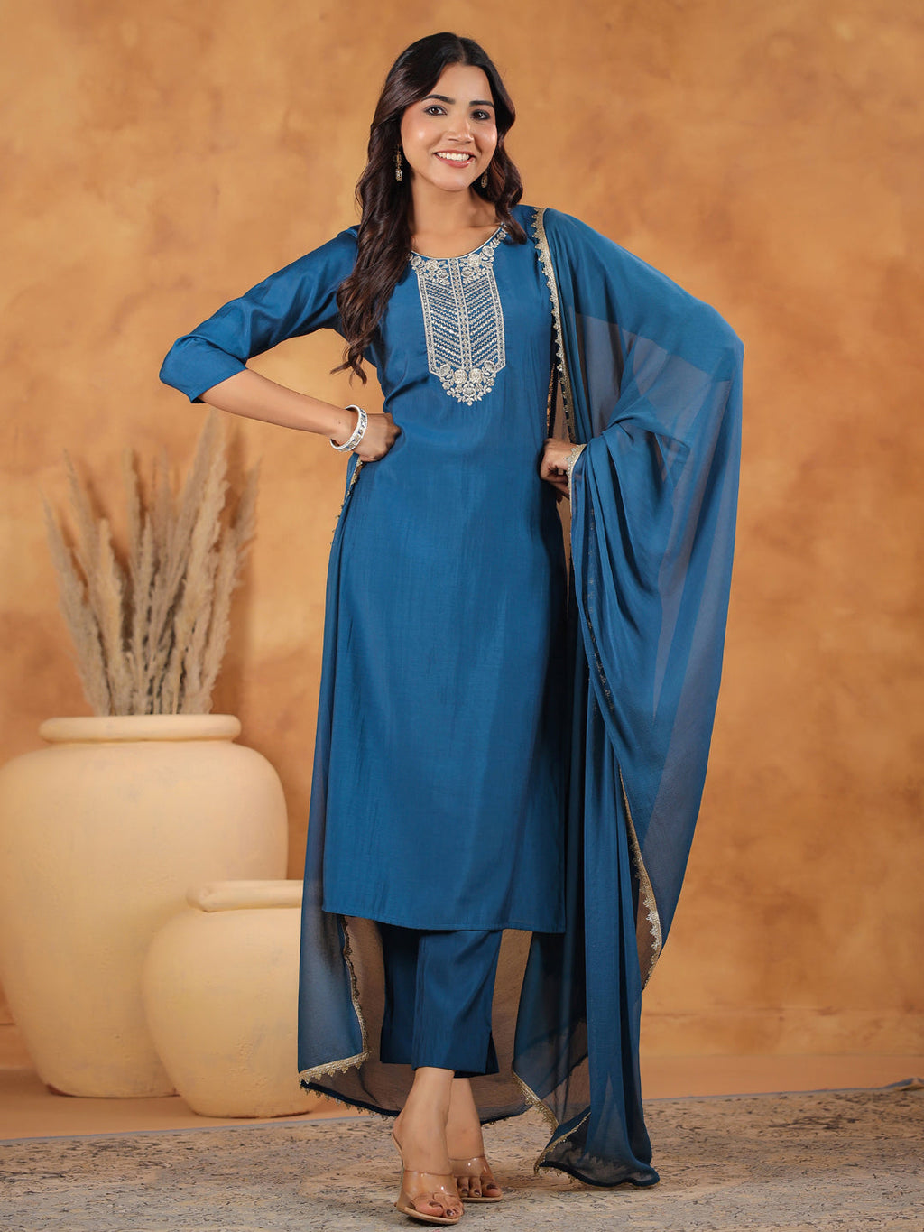 Janasya Dark Chanderi Yoke Embroidery Straight Kurta Set