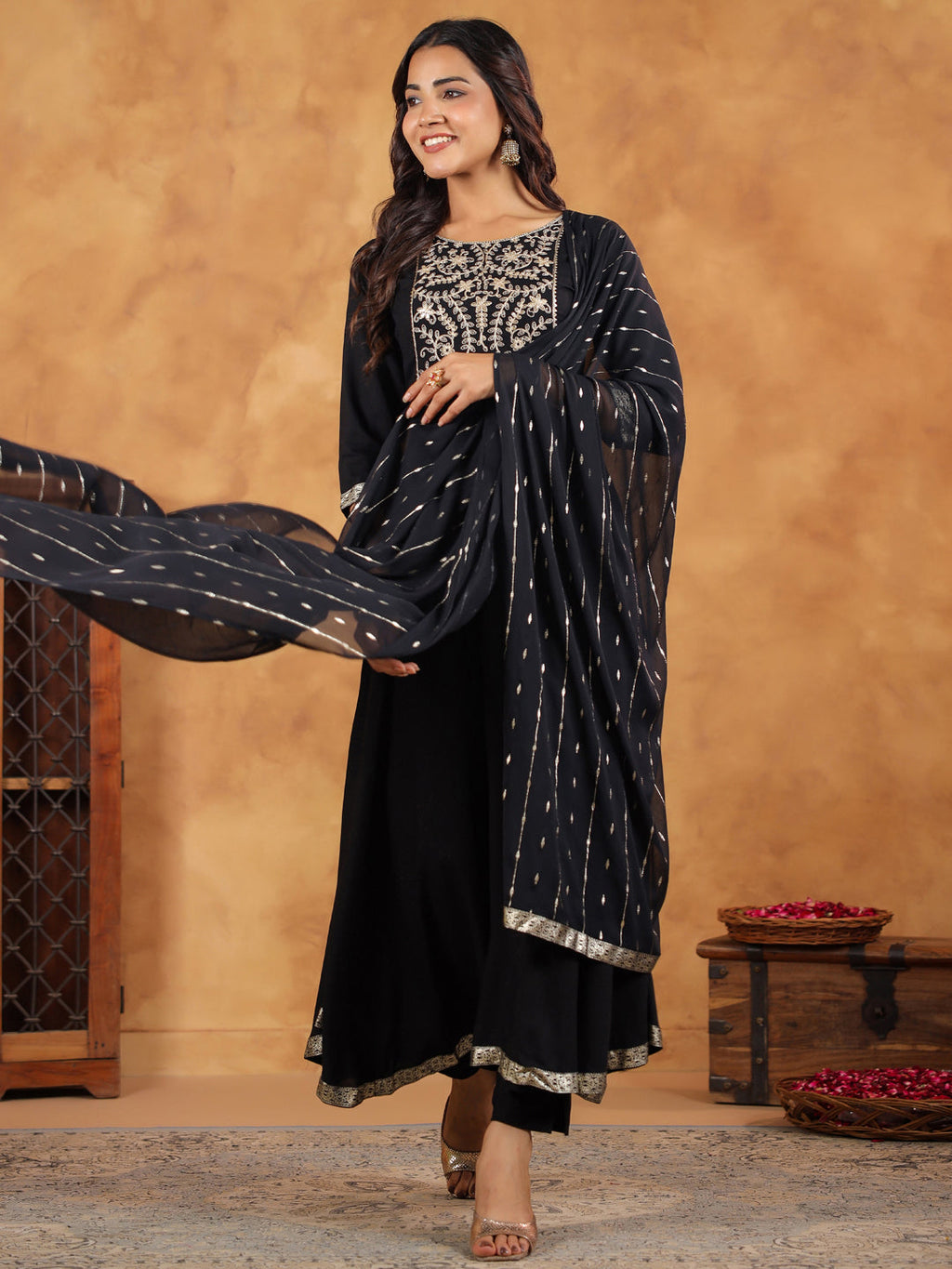 Janasya Black Rayon Embroidered Kurta,Bottom & Dupatta