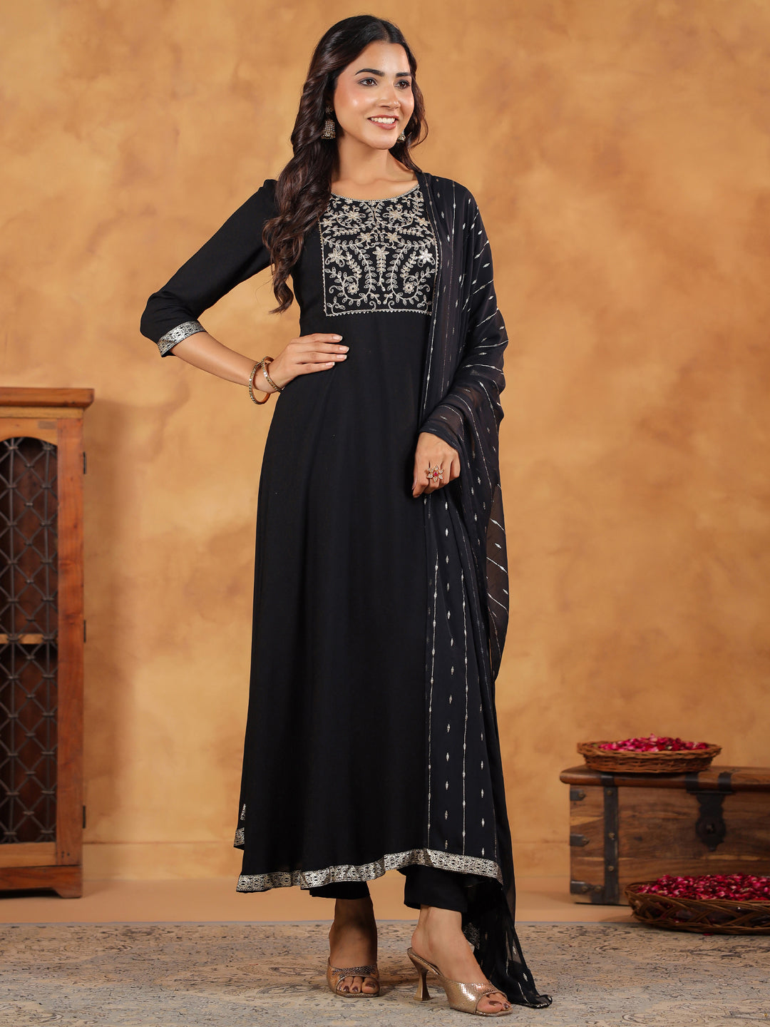 Janasya Black Rayon Embroidered Kurta,Bottom & Dupatta