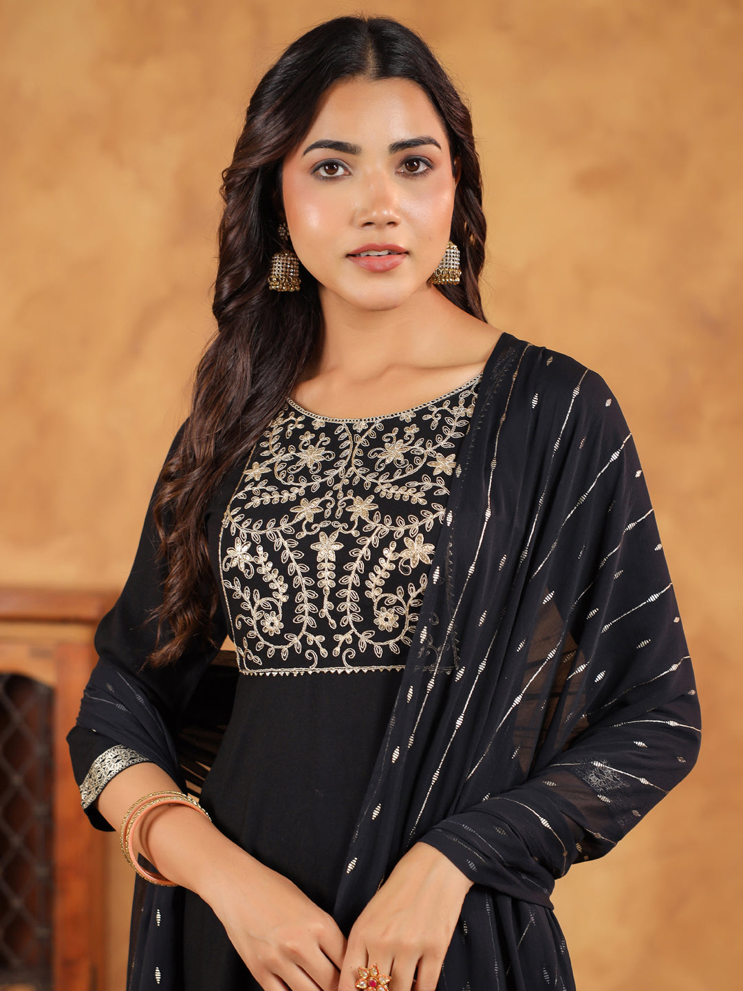 Janasya Black Rayon Embroidered Kurta,Bottom & Dupatta