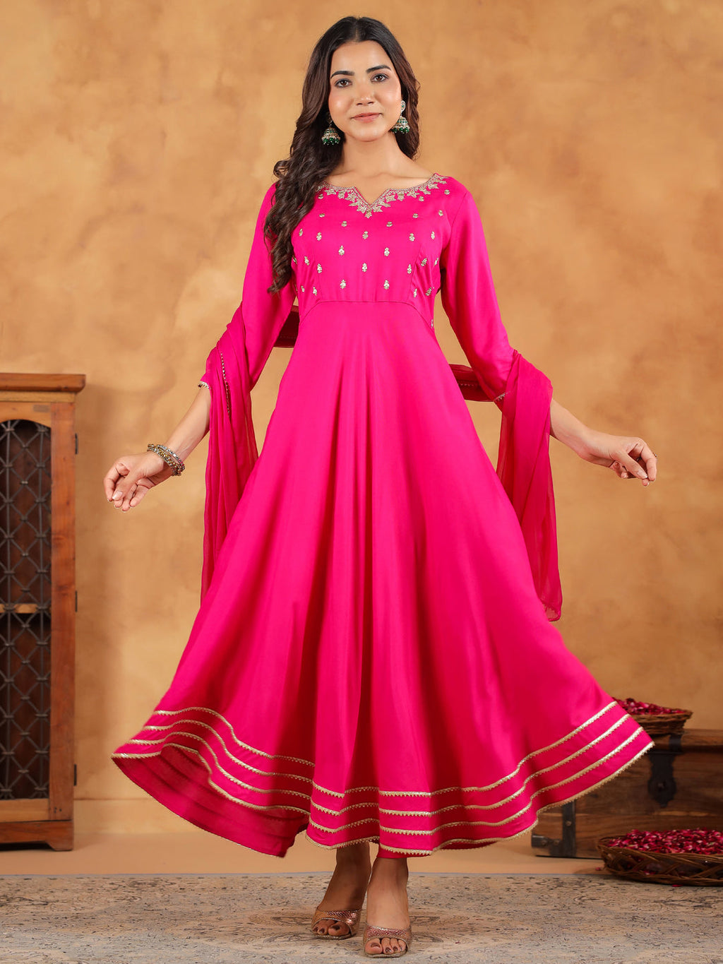 Janasya Dark Rayon Embroidered Anarkali Kurta Set