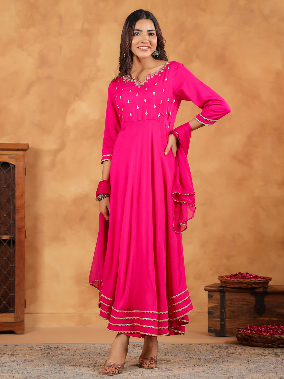 Janasya Dark Rayon Embroidered Anarkali Kurta Set