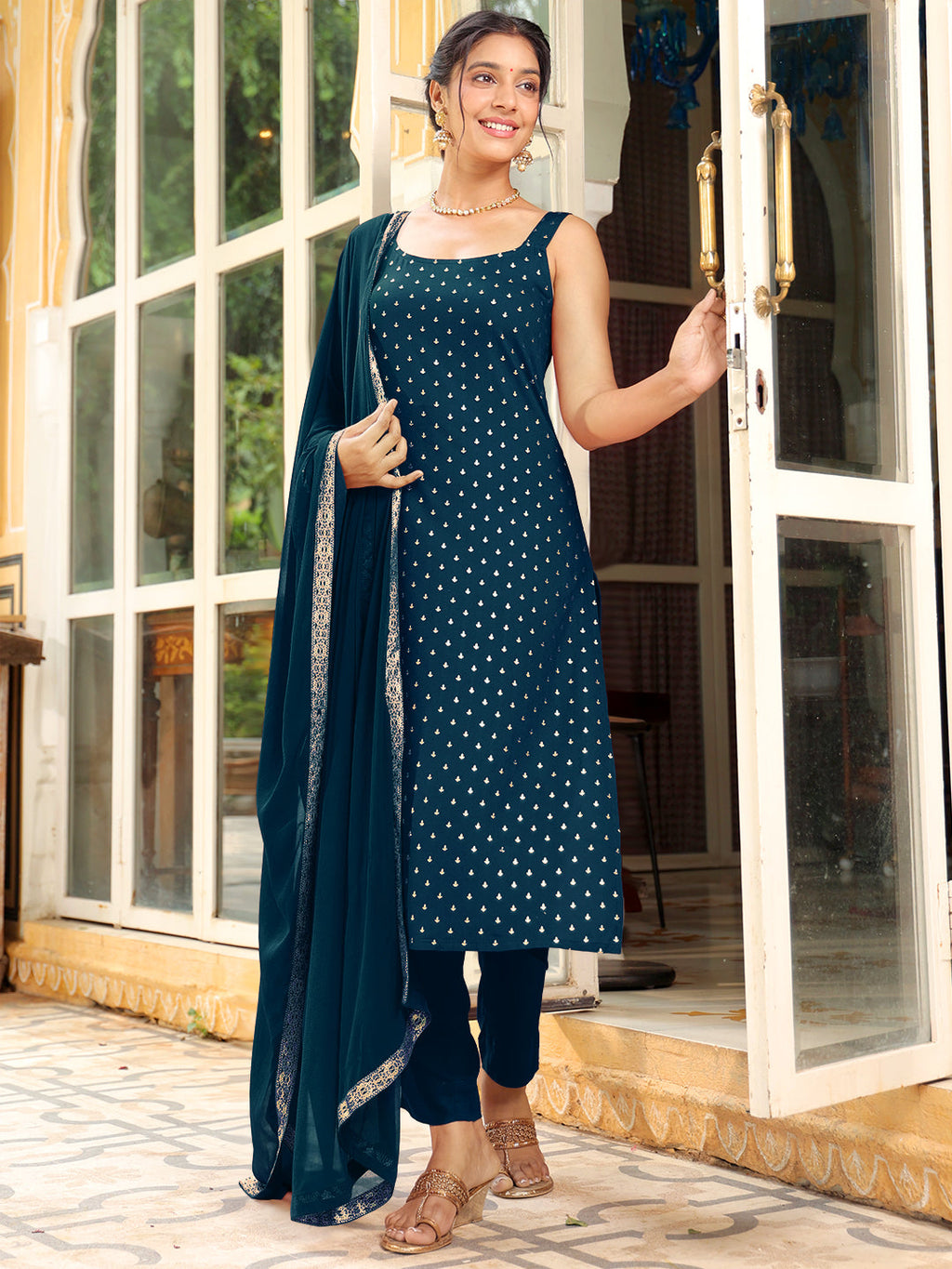 Janasya Dark Rayon Foil Print Straight Kurta Set