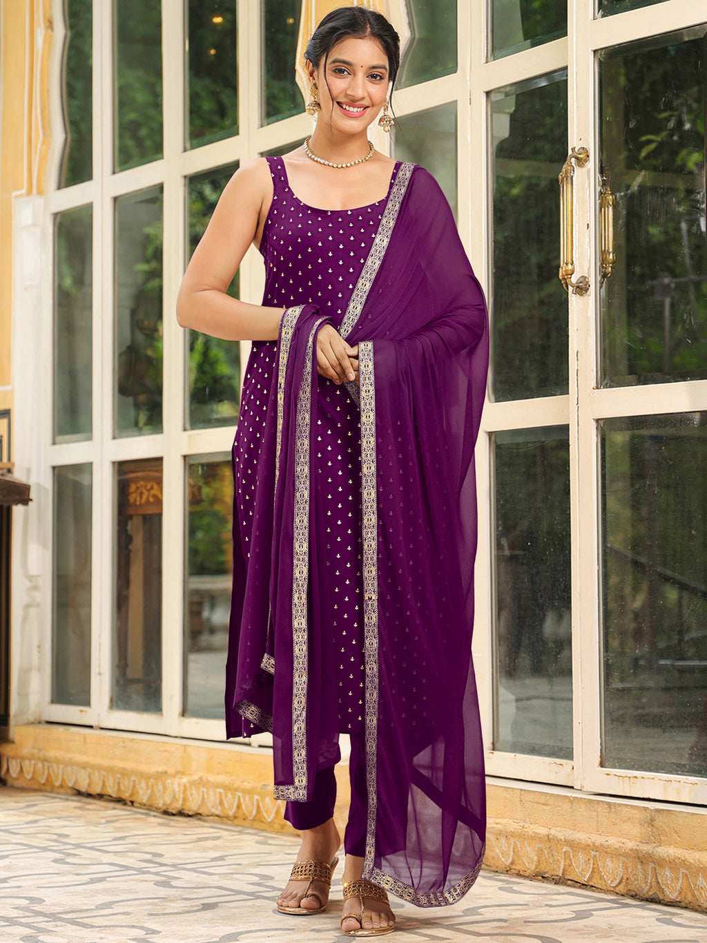 Janasya Dark Rayon Foil Print Straight Kurta Set