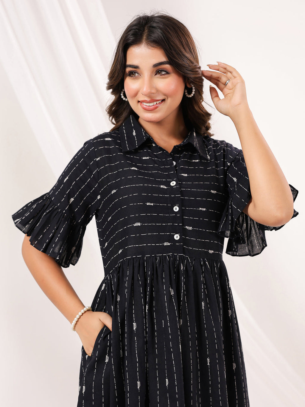 Janasya Dark Cotton Striped A-Line Dress