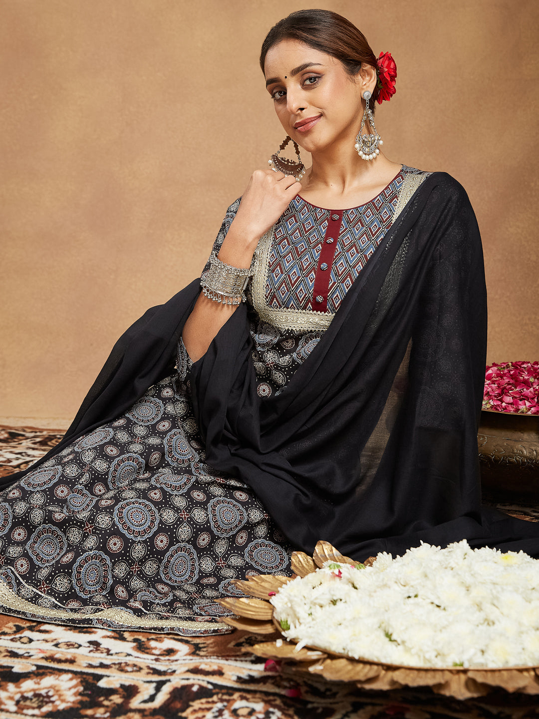 Janasya Dark Cotton Ajrakh Straight Kurta Set