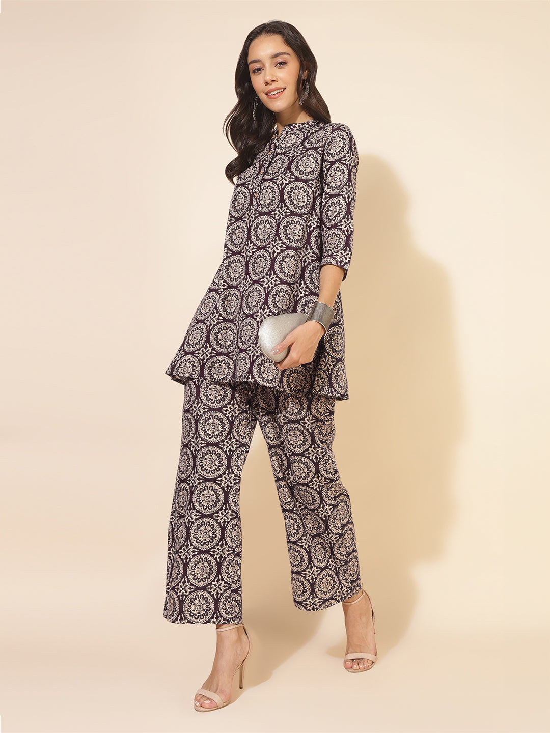 Janasya Dark Cotton Ethnic Motifs A-Line Top & Bottom Set