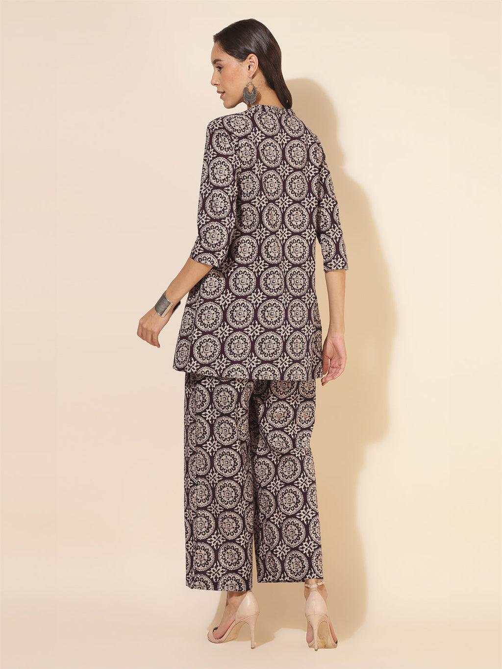 Janasya Dark Cotton Ethnic Motifs A-Line Top & Bottom Set