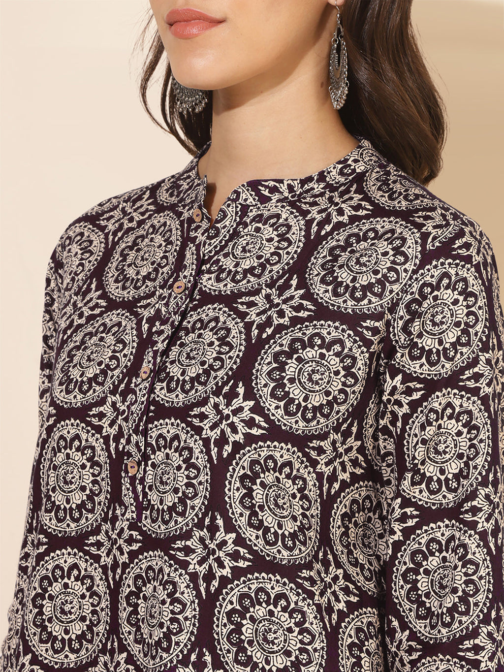 Janasya Dark Cotton Ethnic Motifs A-Line Top & Bottom Set