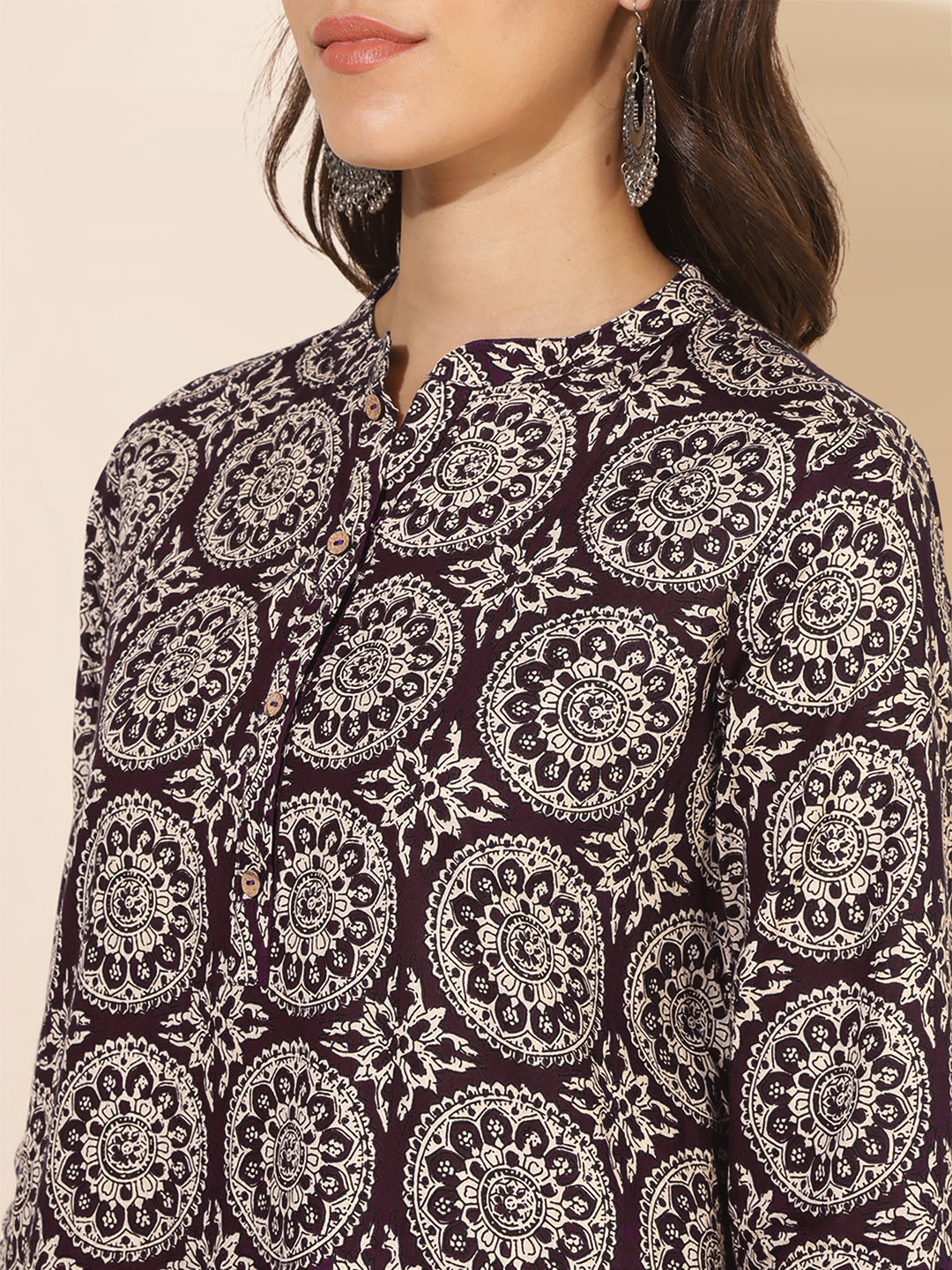 Janasya Dark Cotton Ethnic Motifs A-Line Top & Bottom Set