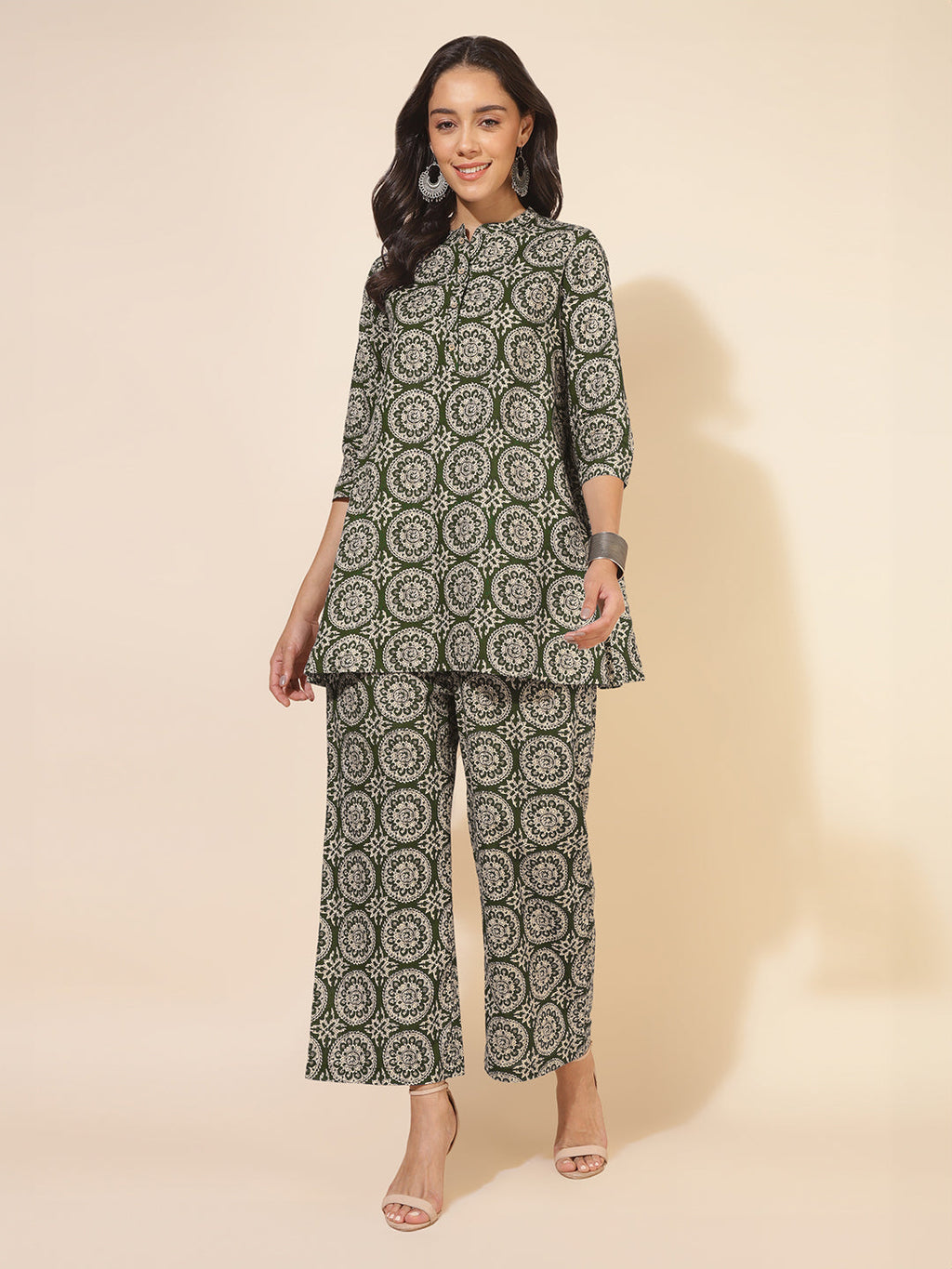 Janasya Dark Cotton Ethnic Motifs A-Line Top & Bottom Set