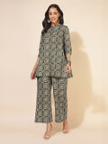 Janasya Dark Cotton Ethnic Motifs A-Line Top & Bottom Set