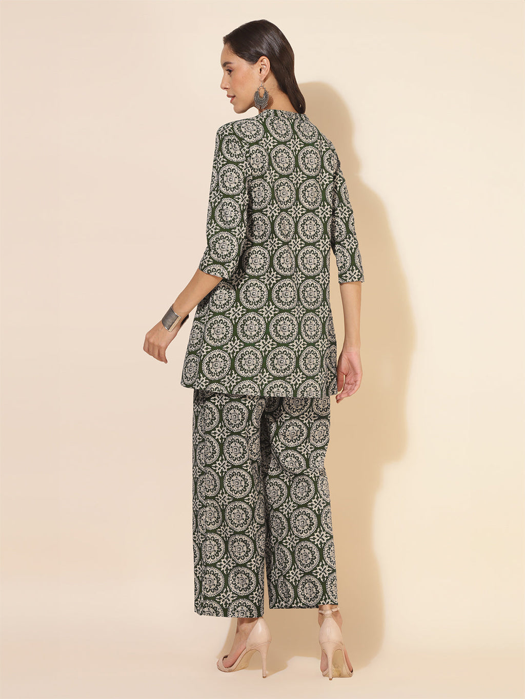 Janasya Dark Cotton Ethnic Motifs A-Line Top & Bottom Set