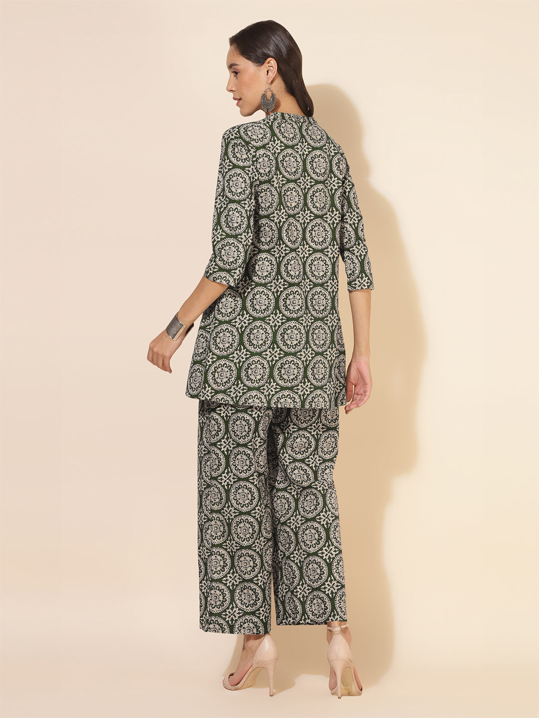 Janasya Dark Cotton Ethnic Motifs A-Line Top & Bottom Set
