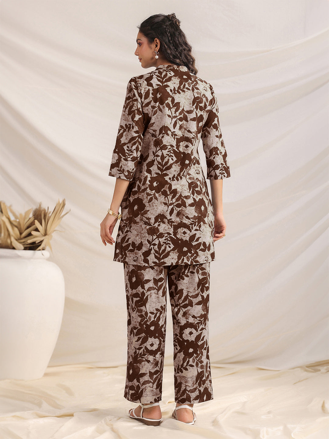 Janasya Dark Cotton Floral Straight Top & Bottom Set
