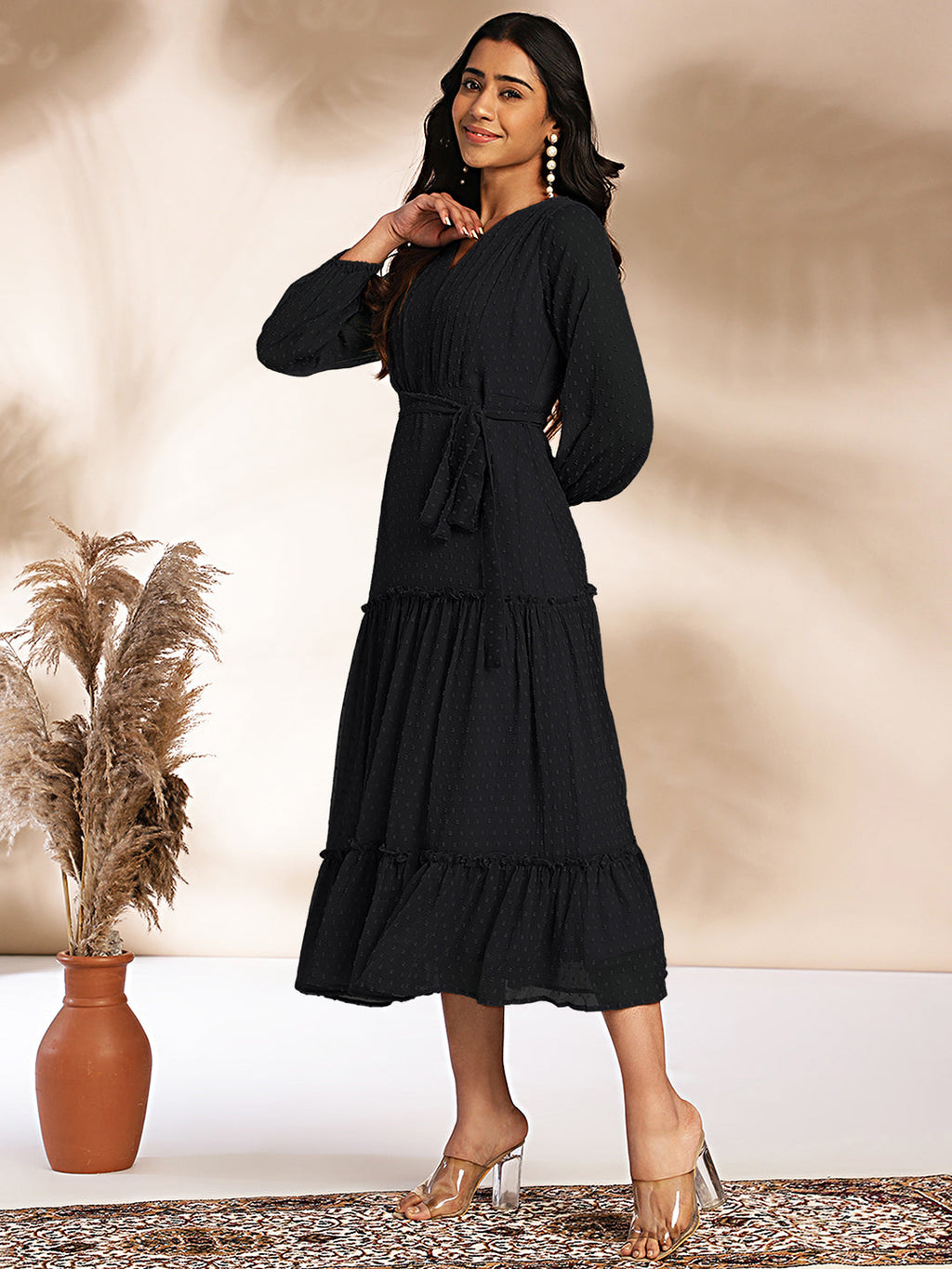 Janasya Dark Dobby Chiffon Woven Design Tiered Dress