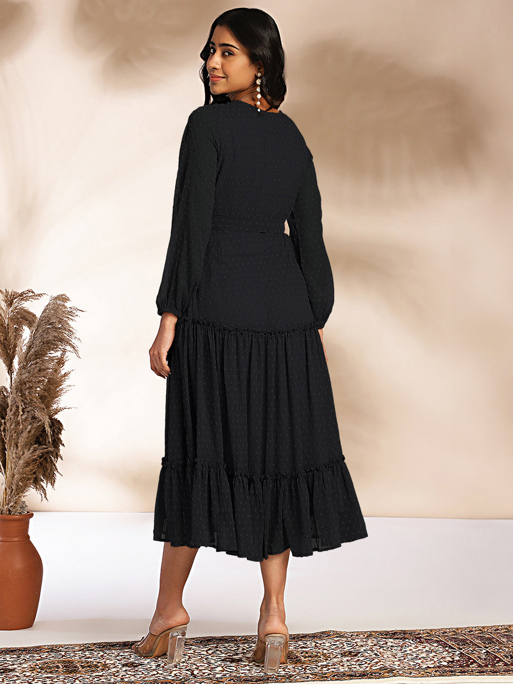 Janasya Dark Dobby Chiffon Woven Design Tiered Dress