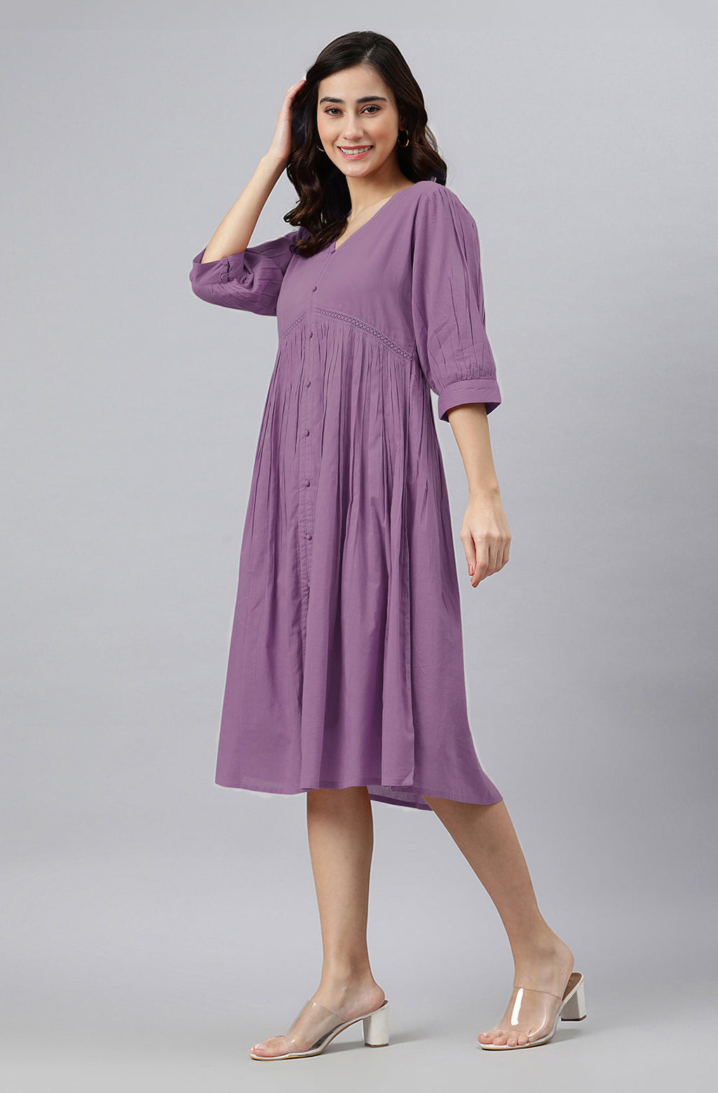 Janasya Bright Cotton Solid Gathered Dress