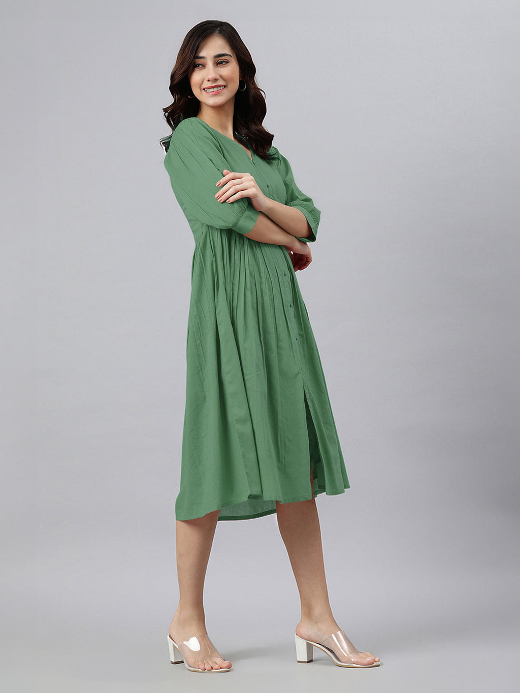 Janasya Bright Cotton Solid Gathered Dress