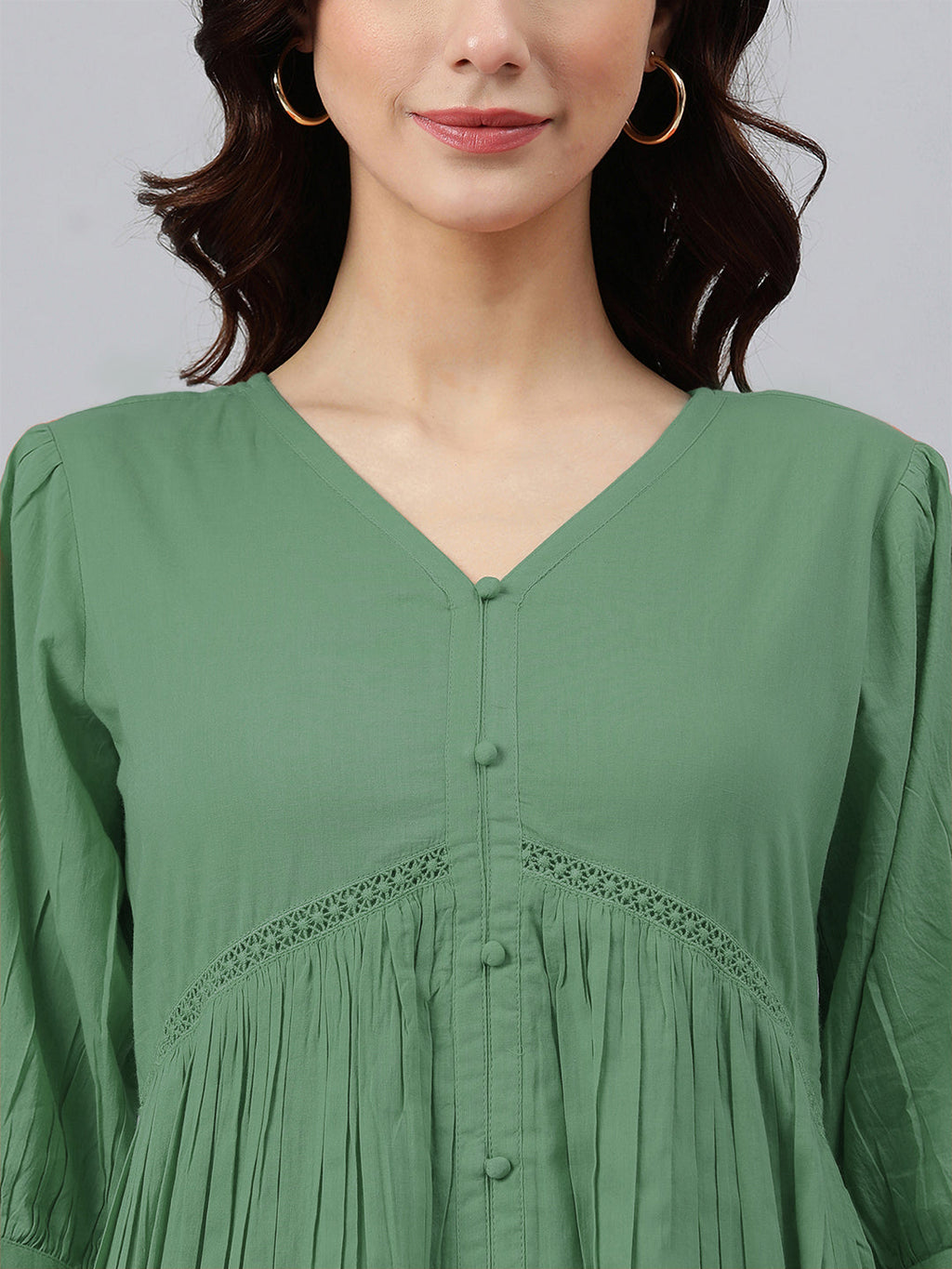 Janasya Bright Cotton Solid Gathered Dress